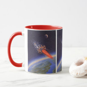 Klassieke sciencefictionraket in de ruimte boven d mok