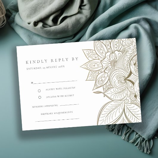 Klassieke Sierlijke Paisley Ivoor Goud Trouw RSVP Informatiekaartje