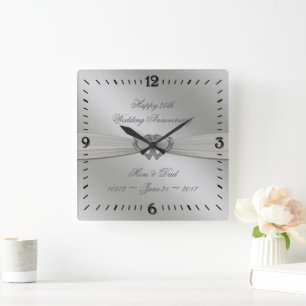 Klassieke Silver 25th Wedding Jubileum Wall Clock Vierkante Klok