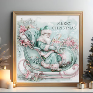 Klassieke slee van kerstman in blauw turquoise roz perfect poster