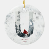 Klassieke Sneeuwachtige Kerstmis Winter Scène Mono Keramisch Ornament (Achterkant)