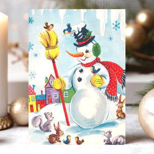 Klassieke Sneeuwman en Bosdieren Schattig Retro Feestdagenkaart