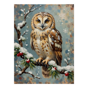 Klassieke Sneeuwuil met Kerstdennenkrans Kunst Perfect Poster