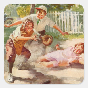 Klassieke sport, kinderen spelen stickball-honkbal vierkante sticker