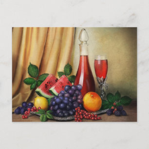 Klassieke stilstand met wijn- en fruitschilderinge briefkaart