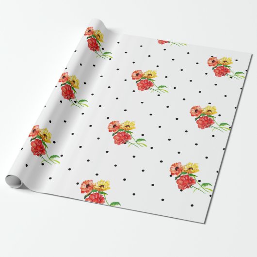 Klassieke Stippen en rode gele bloemen Cadeaupapier (Uitgerold)