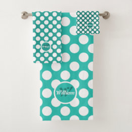 Klassieke Stippen Turquoise & Witte Initiële Naam Bad Handdoek