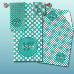 Klassieke Stippen Turquoise & Witte Monogram Naam Bad Handdoek