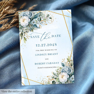 Klassieke Stof Blauw Wit Goud Bloemen Save The Dat Kaart