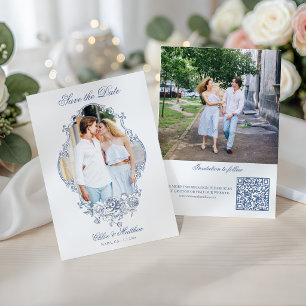Klassieke Stofblauwe Bloem Fotolijst Trouwset Save The Date