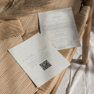 Klassieke Stofblauwe Boho Bloemencode QR Code Huwe Kaart