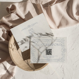 Klassieke Stofblauwe Witte Oude Geld QR Code Bruil RSVP Kaartje