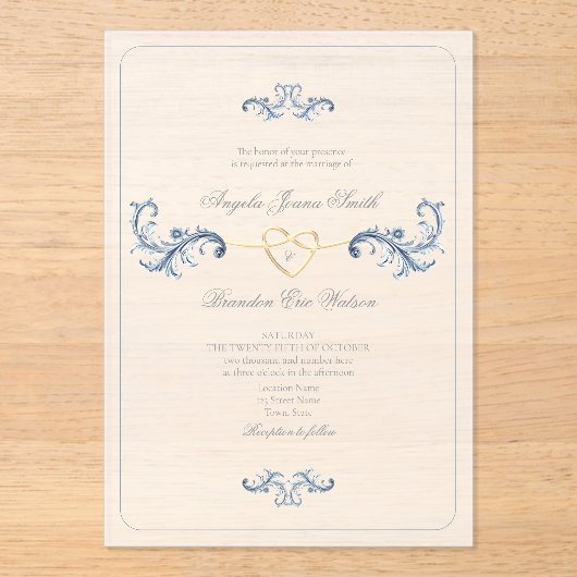 Klassieke stoffige blauwe bruiloft acryl uitnodigingen (Voorkant)