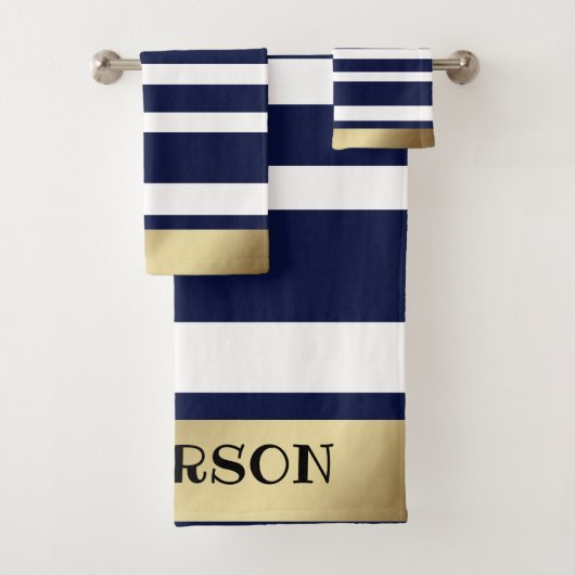 Klassieke Stripes Blue, White, Gold Personalized Bad Handdoek (Insitu)
