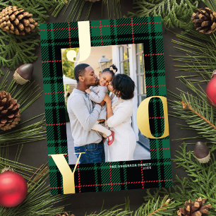 Klassieke Tartan JOY Kerst Foto Kaart met folie 