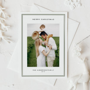 Klassieke Taupe Green Dubbele Grens Foto Kerstmis Feestdagenkaart