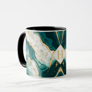 Klassieke Teal en Gouden Marmer Letter H Mok