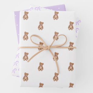 Klassieke Teddy Bear Lavendel Paarse Bow Baby show Inpakpapier Vel
