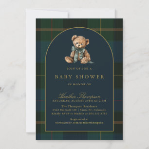 Klassieke teddybeer groen en blauw geruit babyshow kaart