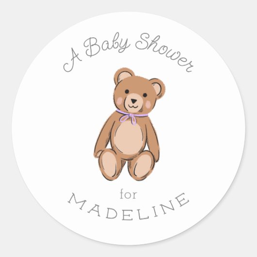 Klassieke Teddybeer Lavendel Paarse Baby shower Ronde Sticker (Voorkant)
