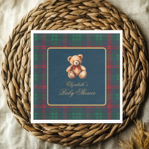 Klassieke teddybeer marineblauwe ruit preppy baby servet