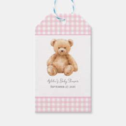 Klassieke teddybeer roze geruite baby shower cadeaulabel
