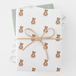 Klassieke Teddybeer Sage Green Bow Baby shower Inpakpapier Vel