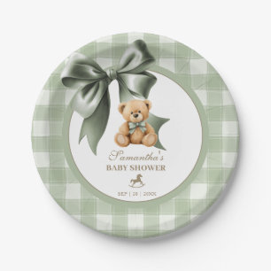 Klassieke teddybeer saliegroene ruit babyborrel papieren bordje