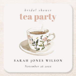 Klassieke Theekop met Bloemen Bruidsdouche Thee Fe Vierkante Kartonnen Onderzetter