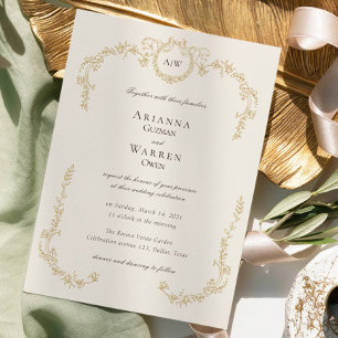 Klassieke trouwerij met gouden monogram kaart