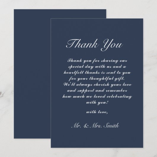 Klassieke trouwkaart met dank navyblauw kaart (Voorkant / Achterkant)