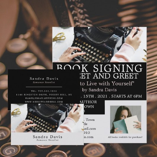 Klassieke typemachine, schrijversboekhandtekening flyer