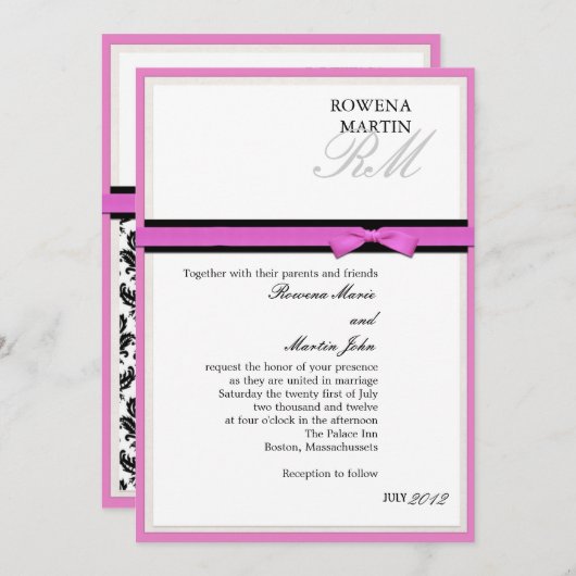 Klassieke uitnodiging voor roze en zwarte monogram (Voorkant / Achterkant)