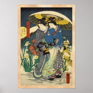 Klassieke ukiyo-e twee geishas met paraplu poster