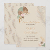 Klassieke Veer Boho Beige Trouw Save the Date Kaart (Voorkant / Achterkant)