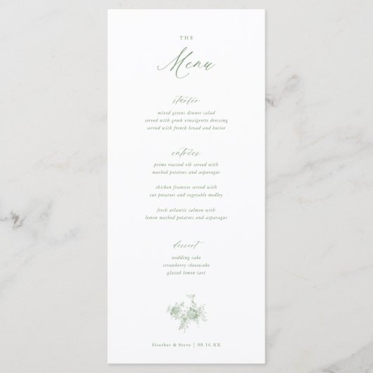 Klassieke Victoriaans Sage Green Toile Wedding Menu (Voorkant)