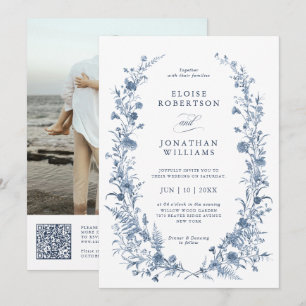 Klassieke Victoriaanse Blauwe Franse QR Code Trouw Kaart