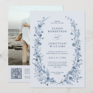Klassieke Victoriaanse Blauwe Franse QR Code Trouw Kaart