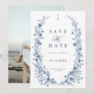 Klassieke Victoriaanse Blauwe Franse Tuin Chic Fot Save The Date