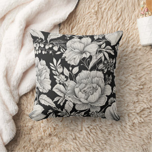 Klassieke Vintage Bloemen Zwart en Wit Kussen