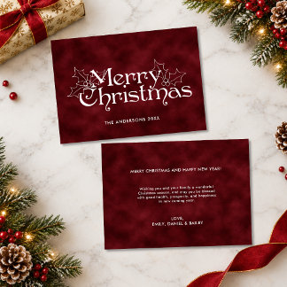 Klassieke Vintage Donkerrode Kerstmis Lettering Notitiekaartje