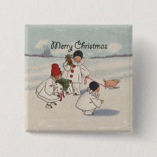 Klassieke Vintage Kerstmis Sneeuwkind Vierkante Button 5,1 Cm