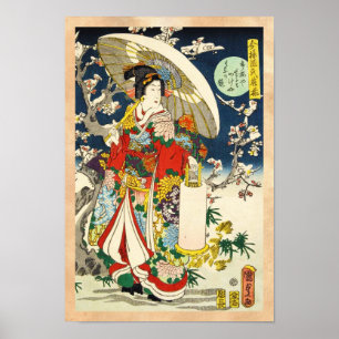 Klassieke vintage ukiyo-e geisha met paraplu poster