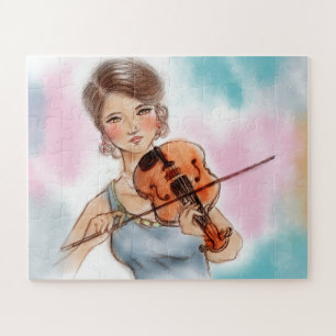 Klassieke Viool Dame, Roze & Blauwe Vintage Kunst Legpuzzel