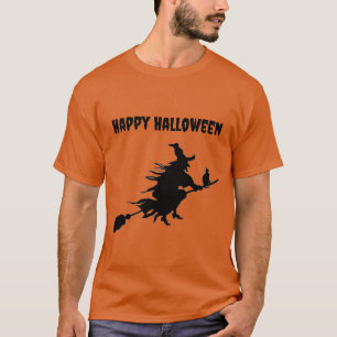 Klassieke vliegende heks op bezem met kat Hallowee T-shirt
