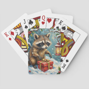 Klassieke Wasbeer Opent Kerstcadeau Doos Kunst Pokerkaarten