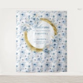 Klassieke Waterverf Stofblauw Gouden Trouwbanner Wandkleed (Voorkant)