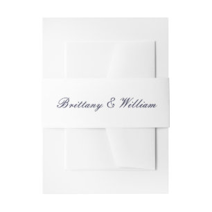 Klassieke White met Navy Blue Script Belly Band Uitnodigingen Wikkel