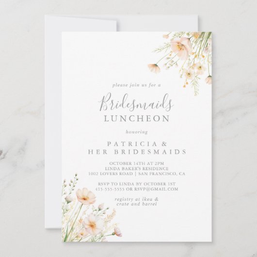 Klassieke Wilde Bloemen Bruidsmeisjes Lunch Bruilo Kaart (Voorkant)