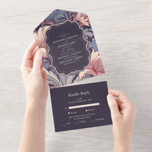 Klassieke William Morris Lavendel Bruiloft All In One Uitnodiging (Afscheurbaar)